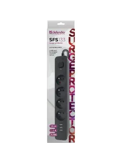 Produžni kabel Defender SFS 133, zaštita od prenapona, 1.5m, 4 utičnice, USB, crni