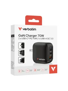 Punjač zidni Verbatim Mini GaN #32229 70 W, 3 priključka; 2xUSB-C PD 70 W/1xUSB-A QC 3.0 (EN/UK/US)