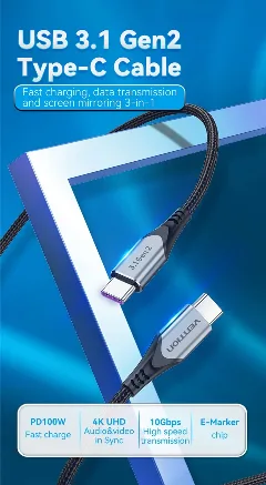 Vention USB 3.1 Gen2 C Male to C Male 5A Cable Gray Aluminum Alloy Type, 1m