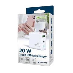 Gembird 2-port 20W USB fast charger, LED, white