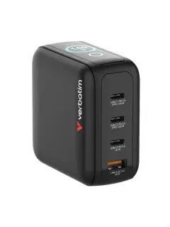Punjač zidni sa zaslonom Verbatim Mini GaN #30240 140W, 4 priključka; 3xUSB-C PD 140W/1xUSB-A QC 3.0 (EN/UK/US)