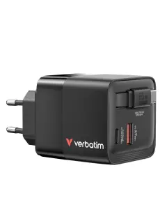 Punjač zidni Verbatim GaN #32217 65W s uvlačivim kabelom, 1xUSB-C PD 65W/1xUSB-A QC 3.0 (EN/UK/US)