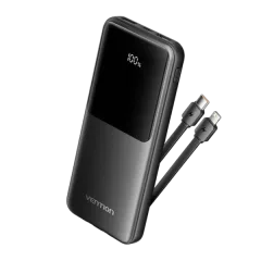 Vention 10000mAh Power Bank (Micro-USB USB-C USB-A USB-A) with Built-in USB-C and Lightning Cables 22.5W Black LED Display Type
