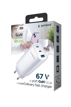 Gembird 3-port 67 W GaN USB PowerDelivery fast charger, white
