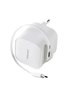 Punjač zidni Intenso #7806520, W65ACIC GaN, 1xUSB-A/1xUSB-C + uvlačivi kabel USB-C, 65W, bijeli