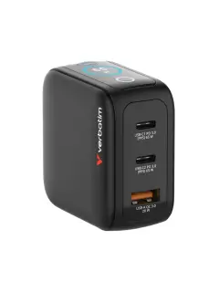 Punjač zidni sa zaslonom Verbatim Mini GaN #30238 65 W, 3 priključka; 2xUSB-C PD 65 W/1xUSB-A QC 3.0 (EN/UK/US)