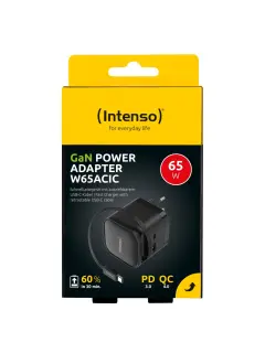 Punjač zidni Intenso #7806522, W65ACIC GaN, 1xUSB-A/1xUSB-C + uvlačivi kabel USB-C, 65W, crni