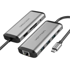 Vention USB-C to HDMI USB3.0*3 TF SD RJ45 3.5mm PD Docking Station 0.15m Gray