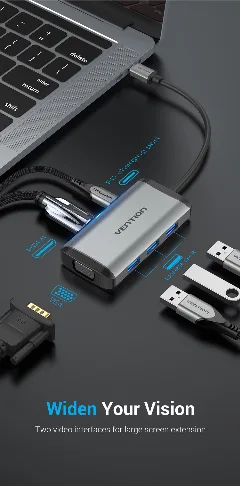 Vention Multi-function USB-C to HDMI VGA USB3.0*3 PD Docking Station, 0.15m