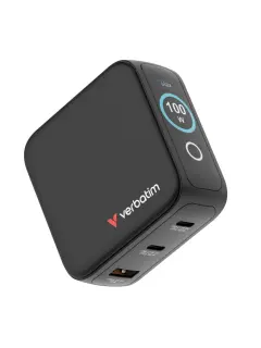 Punjač zidni sa zaslonom Verbatim Mini GaN #30239 100W, 3 priključka; 2xUSB-C PD 100W/1xUSB-A QC 3.0 (EN/UK/US)