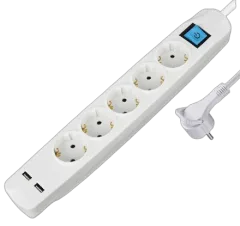 Transmedia 5-way power strip with 2x USB, white, 3m