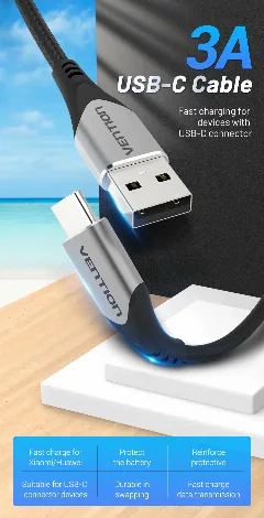 Vention USB 2.0 A Male to C Male 3A Cable 0,5m, Black