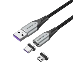 Vention USB 2.0 A Male to 2-in-1 Micro-B USB-C Male 5A Magnetic Cable 1m, Gray