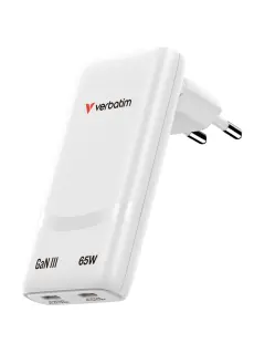 Punjač zidni Verbatim GaN #32355 Fold'n'Go 65W sa sklopivim utikačem, 2xUSB-C PD, EU, bijeli
