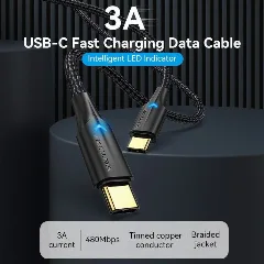 Vention Nylon Braided USB 2.0 C Male to C Male 3A Cable 1M Black LED Type