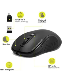 Port miš ESSENTIEL WL+BT, USB-C, punjivi, crni