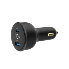 Gembird 2-port USB car fast charger, Type-C PD, LCD, 30 W, black