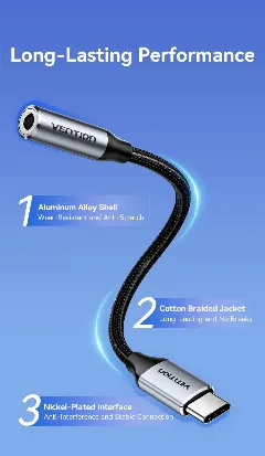 Vention USB-C Male to 3.5MM Earphone Jack With DAC Adapter 0.1M Gray