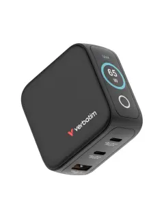 Punjač zidni sa zaslonom Verbatim Mini GaN #30238 65W, 3 priključka; 2xUSB-C PD 65W/1xUSB-A QC 3.0 (EN/UK/US)
