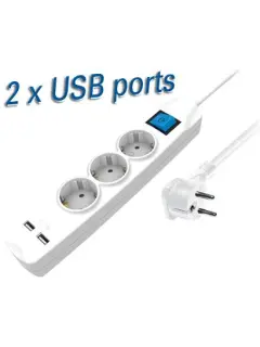 Transmedia 3-way power strip with two USB charging ports, 1,5m white