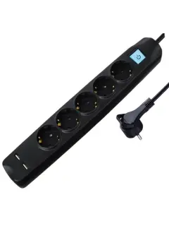 Transmedia 5-way power strip with 2x USB, black, 3m