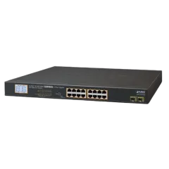 Planet 18-Port LCD Managed 16x RJ45 GbE 802.3at PoE 2-Port 1G SFP Switch with LCD PoE Monitor