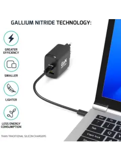 Port zidni punjač GaN 65 W USB-C/USB-A, crni
