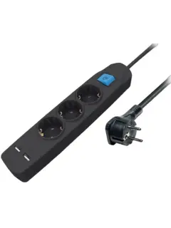 Transmedia 3-way power strip with two USB charging ports, 5m black