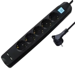 Transmedia 5-way power strip with 2x USB, black, 5m