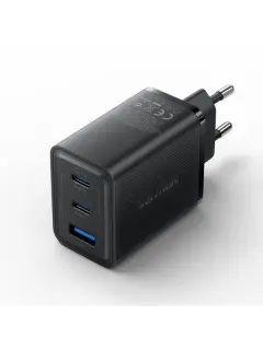 Vention 3-Port USB (C C A) GaN Charger (65W 65W 30W) EU-Plug, Black