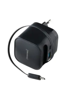 Punjač zidni Intenso #7806522, W65ACIC GaN, 1xUSB-A/1xUSB-C + uvlačivi kabel USB-C, 65 W, crni