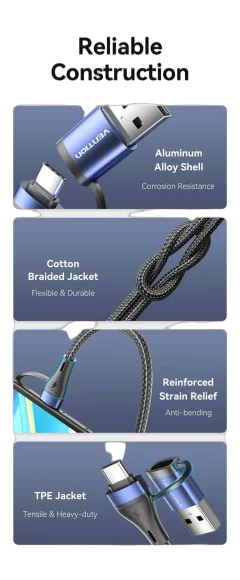Vention 3-in-1 USB 2.0 Type-C Male to USB-C Male USB-C Male Lightning Male 5A Retractable Cable 1.1M Black