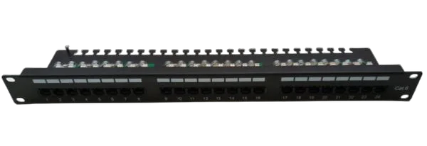 Masterlan patch panel 19", 24xRJ45, Cat5e, 1U, s trakom za vezanje, crni