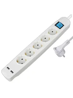 Transmedia 5-way power strip with 2x USB, white, 5m