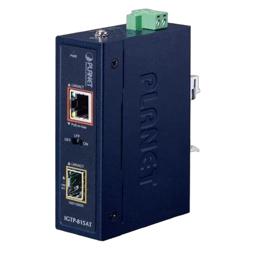 Planet Industrial Compact 100 1000-base Open Slot SFP to 1GbE RJ45 802.at PoE Media Converter (-40 to 75 C)