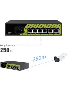 Conexpro PoE switch, 6x 100Mbps LAN, 4x PoE (3)af/at 30w/port + (1)af/at/bt 60w/port (PoE budget 60