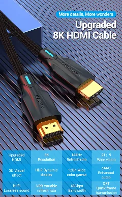 Vention Cotton Braided 8K Ultra High Speed HDMI Cable 2M Black
